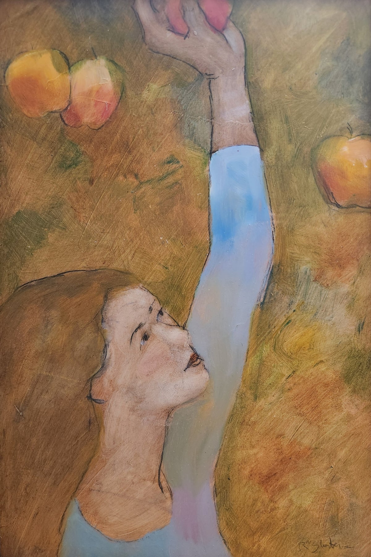 'Picking Apples' oil painting